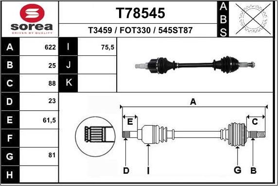 Полуось (привод в сборе, приводной вал) EAI. Артикул T78545