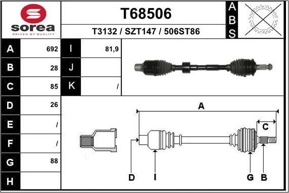 Полуось (привод в сборе, приводной вал) EAI. Артикул T68506