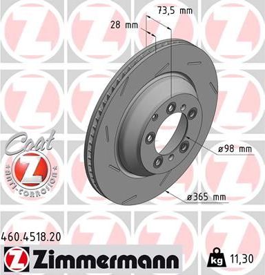 Тормозной диск Zimmermann Coat Z задний левый для Porsche Panamera II 2016-2026. Артикул 460.4518.20