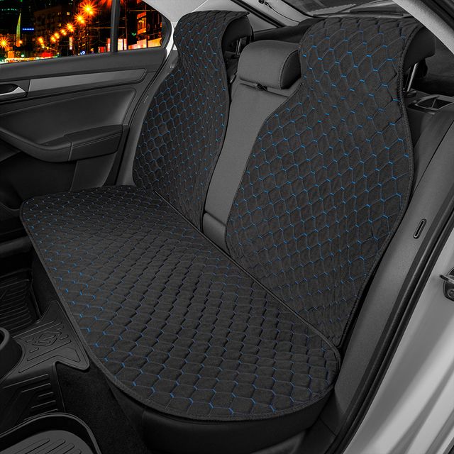 Накидки универсальные Rezkon Алькантара на заднее сидение, цвет Черный/Синие соты. Артикул 8103021130