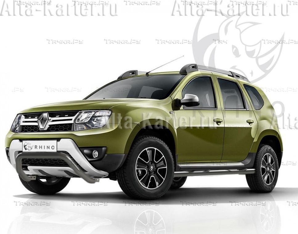 Защита порогов RusStal труба d76 с накладками (вариант 2) для Renault Duster I рестайлинг 2015-2020. Артикул RDTBR-0021792SER