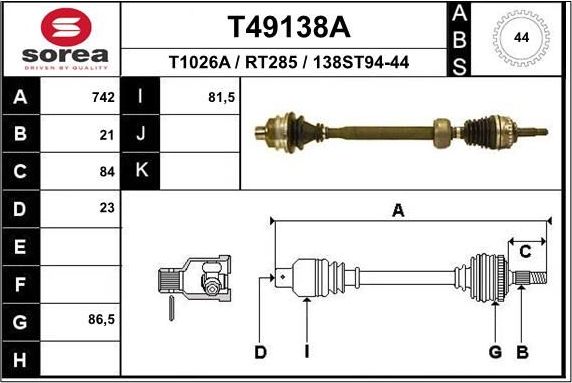 Полуось (привод в сборе, приводной вал) EAI. Артикул T49138A