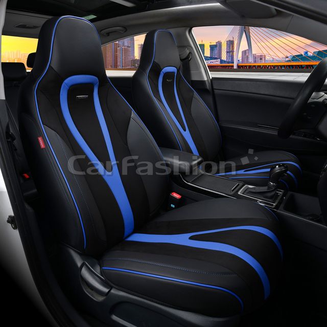 Чехлы универсальные каркасные CarFashion 5D Integral на передние сидения авто, цвет Черный/Черный/Синий. Артикул 26161
