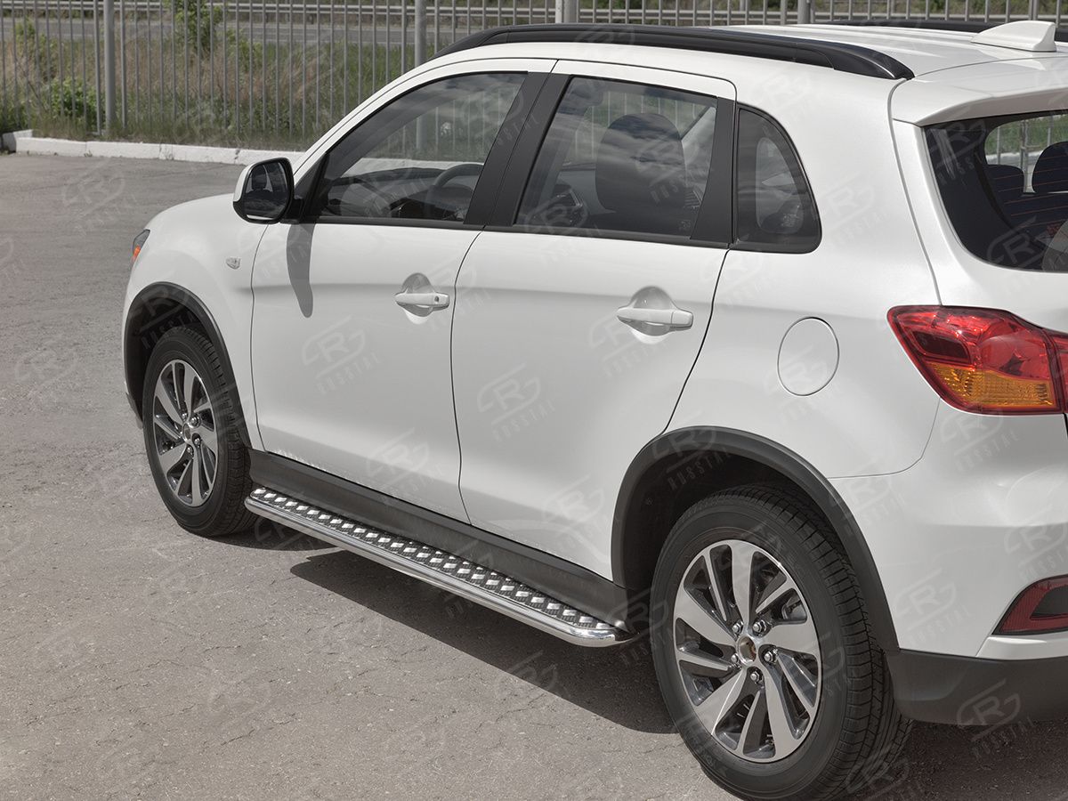 Защита порогов RusStal труба d42 с листом (Лист алюм, проф. нерж) (Вариант 1) для Mitsubishi ASX I 2й рестайлинг 2016-2020. Артикул MASL-0029601