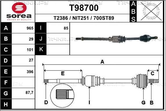 Полуось (привод в сборе, приводной вал) EAI передняя правая для Nissan X-Trail T31 2007-2013. Артикул T98700