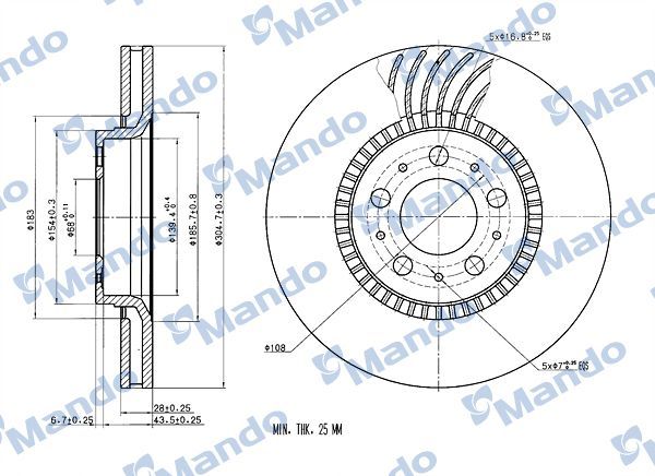 Тормозной диск Mando передний для Volvo V70 II 1999-2008. Артикул MBC035424