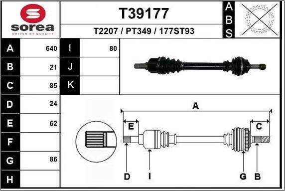 Полуось (привод в сборе, приводной вал) EAI. Артикул T39177