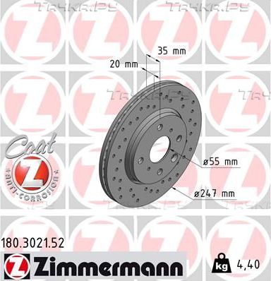 Тормозной диск Zimmermann Sport Coat Z передний для Peugeot 108 2014-2026. Артикул 180.3021.52