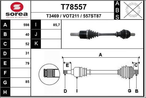 Полуось (привод в сборе, приводной вал) EAI передняя левая для Volvo V60 II 2018-2026. Артикул T78557