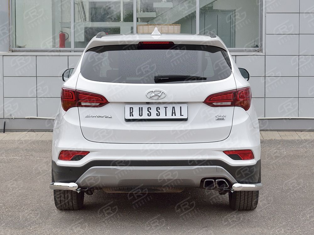 Защита RusStal заднего бампера уголки d63 секция для Hyundai Santa Fe Premium III 2015-2026. Артикул HSFPZ-002453