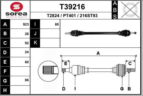 Полуось (привод в сборе, приводной вал) EAI. Артикул T39216