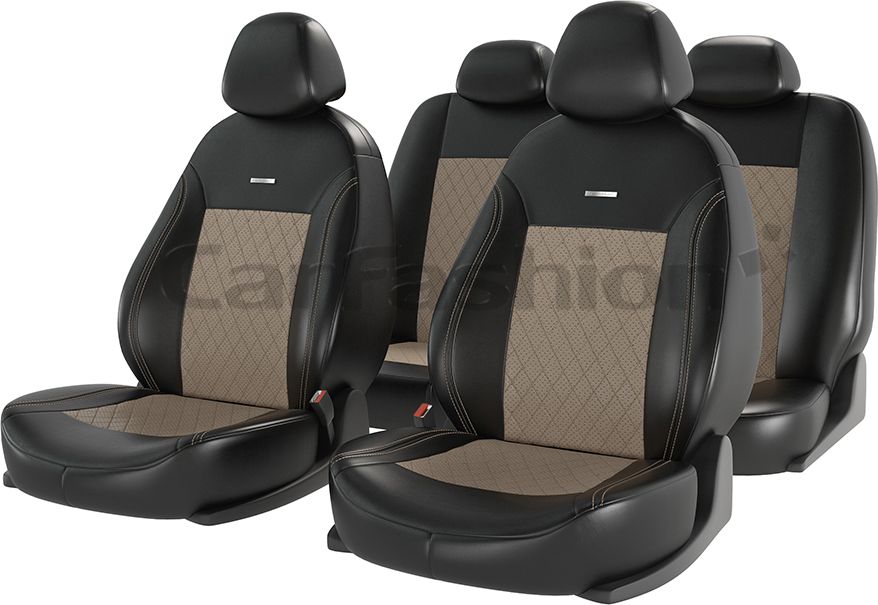Чехлы универсальные CarFashion Atom Leather Ромб на сидения авто, цвет Черный/Бежевый/Бежевый. Артикул 11144