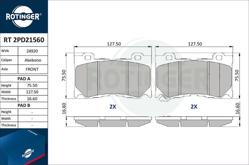 Тормозные колодки Rotinger. Артикул RT 2PD21560