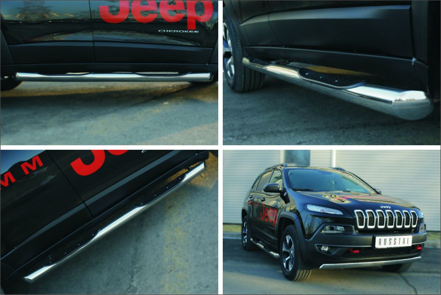 Защита порогов RusStal труба d76 с накладкой (вариант 1) для Jeep Cherokee KL Trailhawk 2014-2026. Артикул JCT-0019971