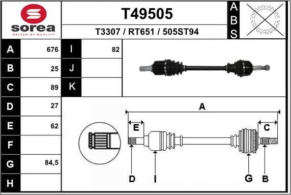 Полуось (привод в сборе, приводной вал) EAI. Артикул T49505