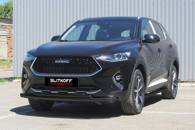 Защита Slitkoff переднего бампера d57+d42 двойная для Haval F7 2019-2026 Черная. Артикул HavF7002B