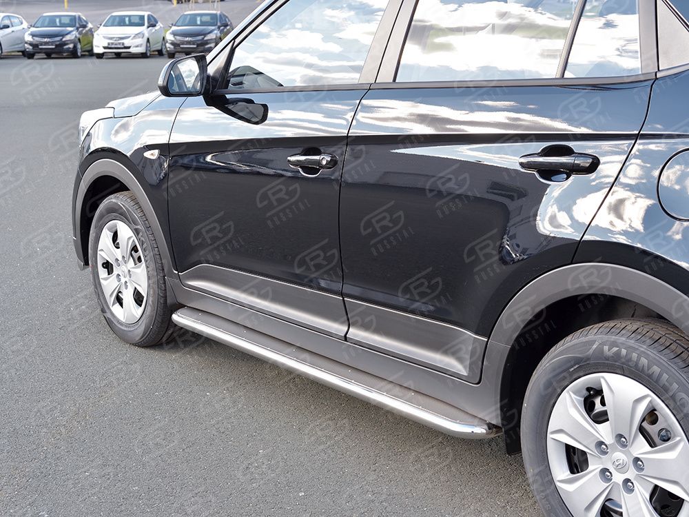 Защита порогов RusStal труба d42 с листом (лист алюм, проф. нерж) для Hyundai Creta I 2016-2021 (Вариант 3). Артикул HCRL-0024253