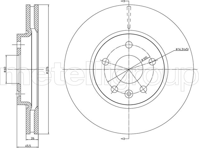 Тормозной диск Metelli передний для Opel Astra K 2015-2026. Артикул 23-1001C