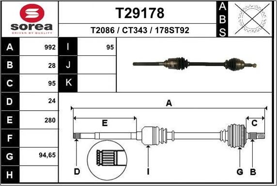 Полуось (привод в сборе, приводной вал) EAI. Артикул T29178