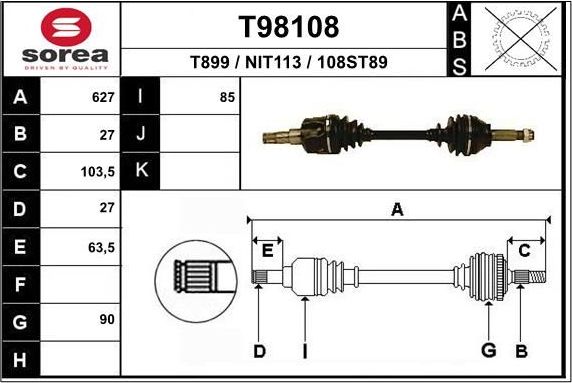 Полуось (привод в сборе, приводной вал) EAI передняя правая для Nissan Bluebird VIII (T12, T72) 1988-1991. Артикул T98108