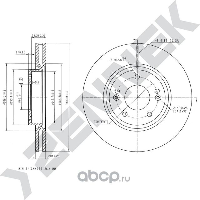 Диск тормозной передний HYUNDAI I40 11-19 IX35 09 (Zennek). Артикул DBD0128
