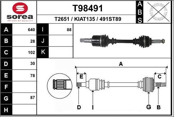 Полуось (привод в сборе, приводной вал) EAI. Артикул T98491