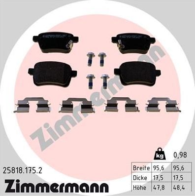 Тормозные колодки Zimmermann задние для Fiat Tipo 356 2016-2026. Артикул 25818.175.2