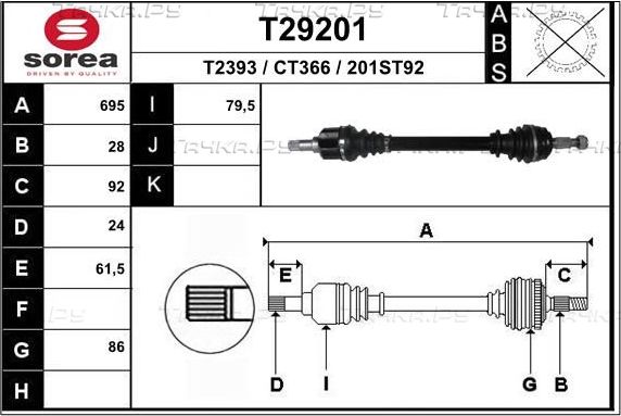 Полуось (привод в сборе, приводной вал) EAI. Артикул T29201
