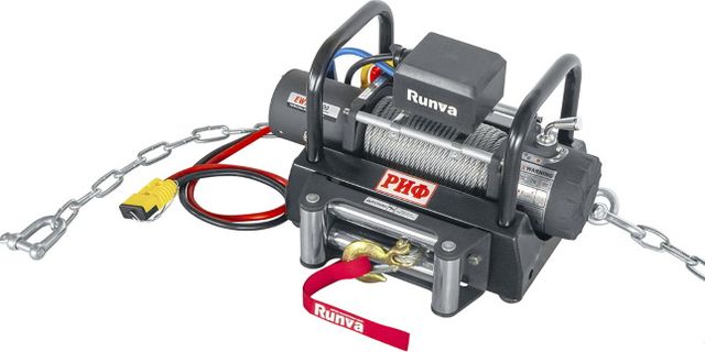 Переносная лебёдка РИФ: 12V Runva 8000 lbs 3629 кг c площадкой на цепях и проводами (стальной трос) РИФ. Артикул EWX8000S-KIT2
