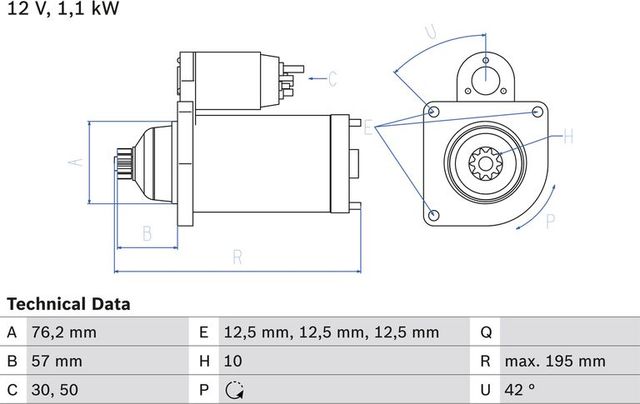 Стартер Bosch для Skoda Octavia A5 2010-2013. Артикул 0 986 020 330