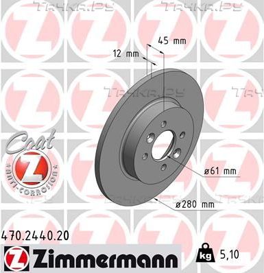 Тормозной диск Zimmermann Coat Z задний для Renault Kangoo I 2001-2009. Артикул 470.2440.20