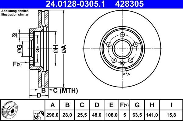 Тормозной диск ATE передний для Volvo V90 II 2016-2026. Артикул 24.0128-0305.1