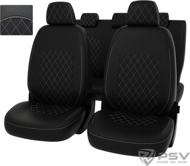 Чехлы PSV Оригинал на сидения для Lada Granta 2011-2018, цвет Черный/отстрочка белая. Артикул 130868
