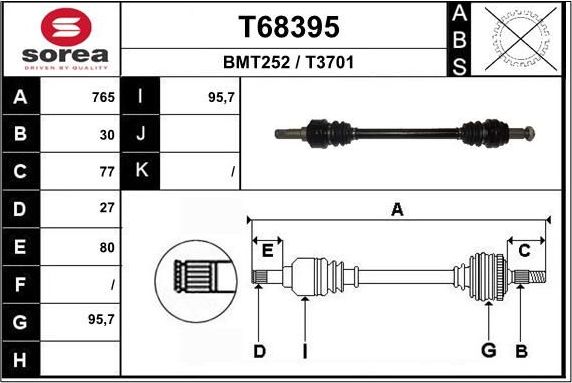 Полуось (привод в сборе, приводной вал) EAI. Артикул T68395