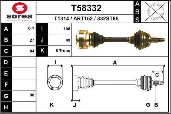 Полуось (привод в сборе, приводной вал) EAI. Артикул T58332