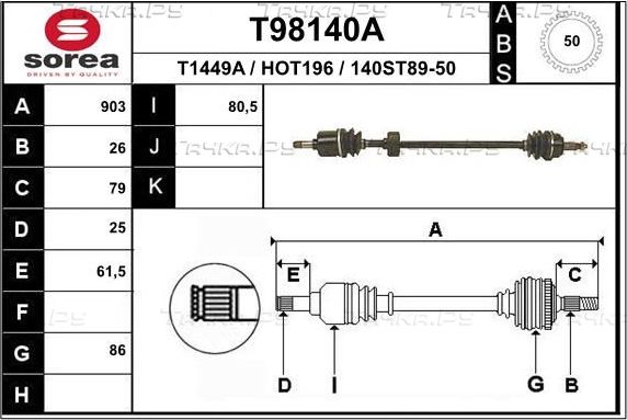 Полуось (привод в сборе, приводной вал) EAI передняя левая для Honda Civic VI 1994-2001. Артикул T98140A
