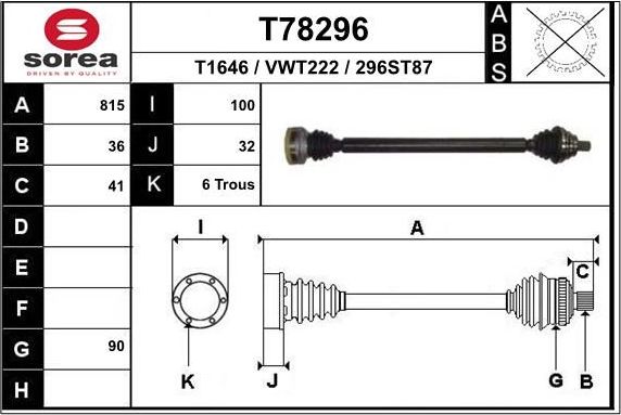 Полуось (привод в сборе, приводной вал) EAI. Артикул T78296