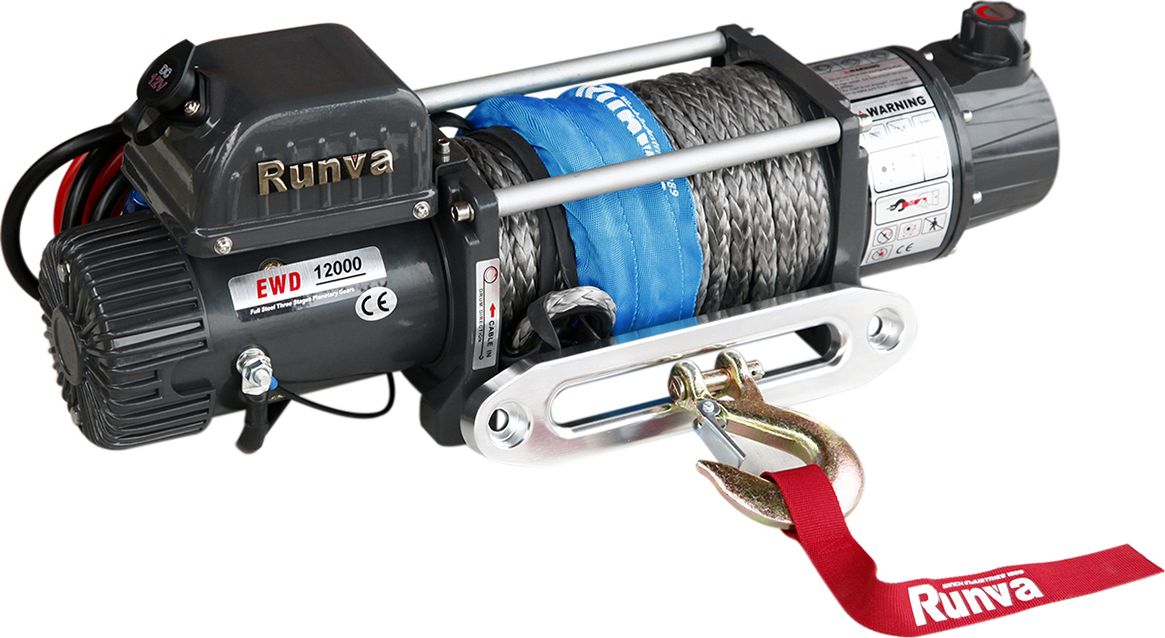 Лебёдка электрическая двухскоростная 12V Runva 12000 lbs 5700 кг (синтетический трос). Артикул EWD12000USR