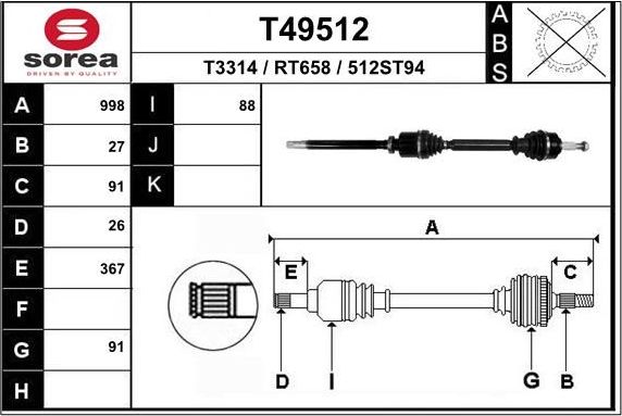 Полуось (привод в сборе, приводной вал) EAI. Артикул T49512