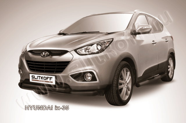 Защита Slitkoff переднего бампера d76/57 двойная ЧЕРНАЯ матовая для Hyundai ix35 2009-2026. Артикул Hix35-001B
