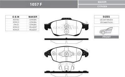Тормозные колодки GoodWill передние для Citroen C4 Picasso I 2007-2013. Артикул 1057 F