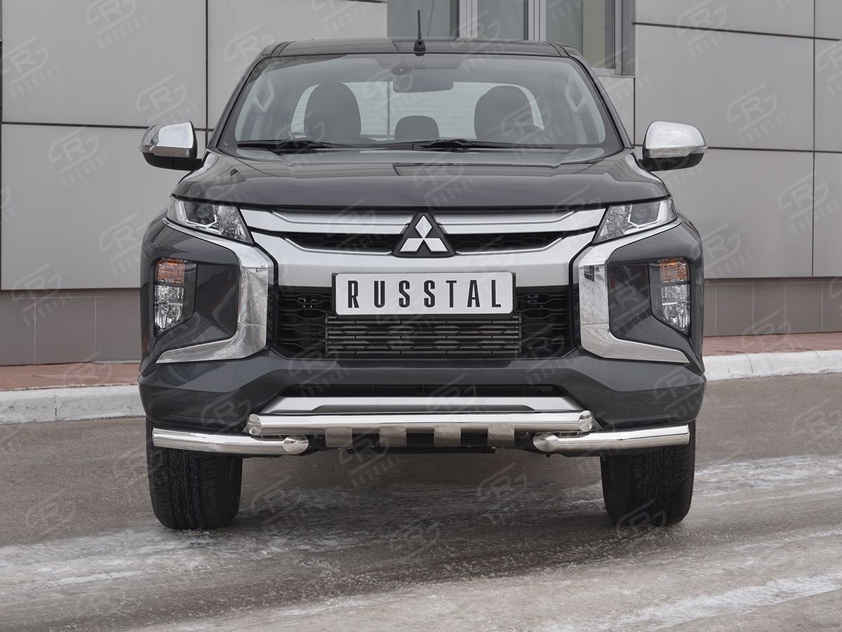 Защита RusStal переднего бампера d63 дуга-d63 уголки + клыки для Mitsubishi L200 V рестайлинг 2018-2026. Артикул ML2Z-003266