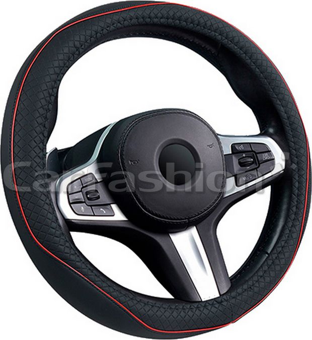 Оплётка на руль CarFashion Club (размер M, экокожа, цвет ЧЕРНЫЙ/КРАСНЫЙ). Артикул 31633