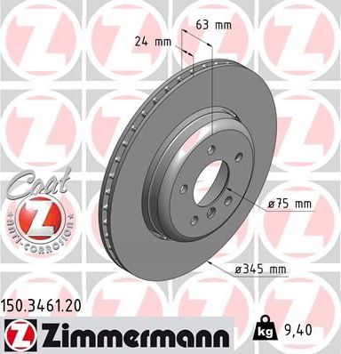 Тормозной диск Zimmermann Coat Z задний для BMW 6 II (E63/E64) 2003-2010. Артикул 150.3461.20
