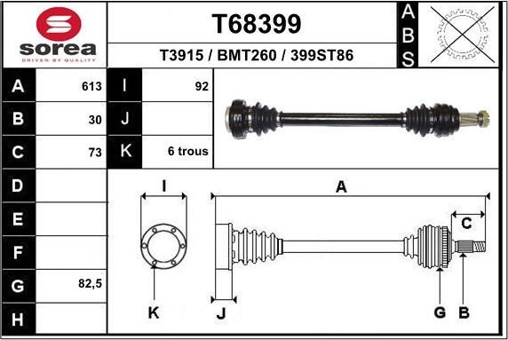 Полуось (привод в сборе, приводной вал) EAI. Артикул T68399