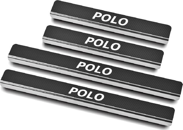 Накладка RusStal на пороги (лист нерж., карбрн., с надписью) для Volkswagen Polo V рестайлинг 2015-2020 седан. Артикул VWPOL15-06