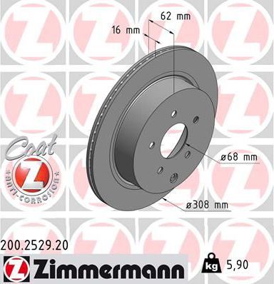 Тормозной диск Zimmermann Coat Z задний для Genesis G70 I 2017-2024. Артикул 200.2529.20