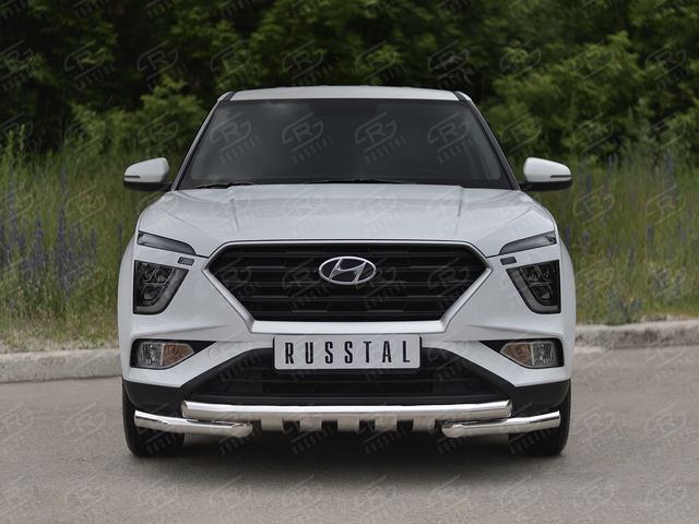 Защита RusStal переднего бампера d63 секции-d63 уголки+клыки для Hyundai Creta II 2021-2026. Артикул HCRZ-003820