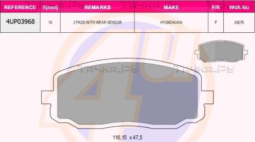 Тормозные колодки 4U передние для Hyundai i10 I 2008-2017. Артикул 4UP03968