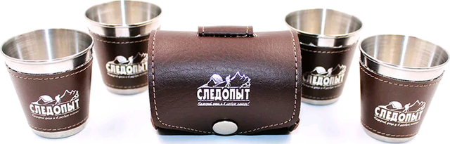 Набор стопок Следопыт 4х60 мл, в кожаной тубе, в дополнительном кожаном оплете. Артикул PF-CWS-P29SET